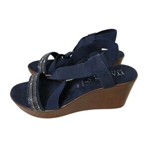 Italian Shoemakers Women’s Wedge Sandals 10M Navy Elastic Straps Rhinestones